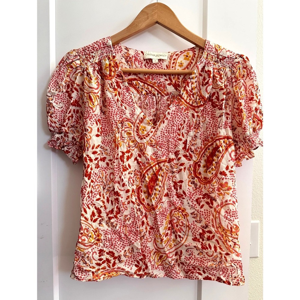Paisley Cropped Blouse S Puff Sleeve Red Orange Boho V-Neck Top Office Floral